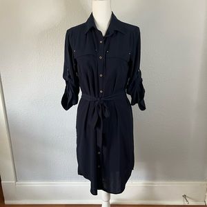 Calvin Klein Navy Blue Button Down Dress with Tie